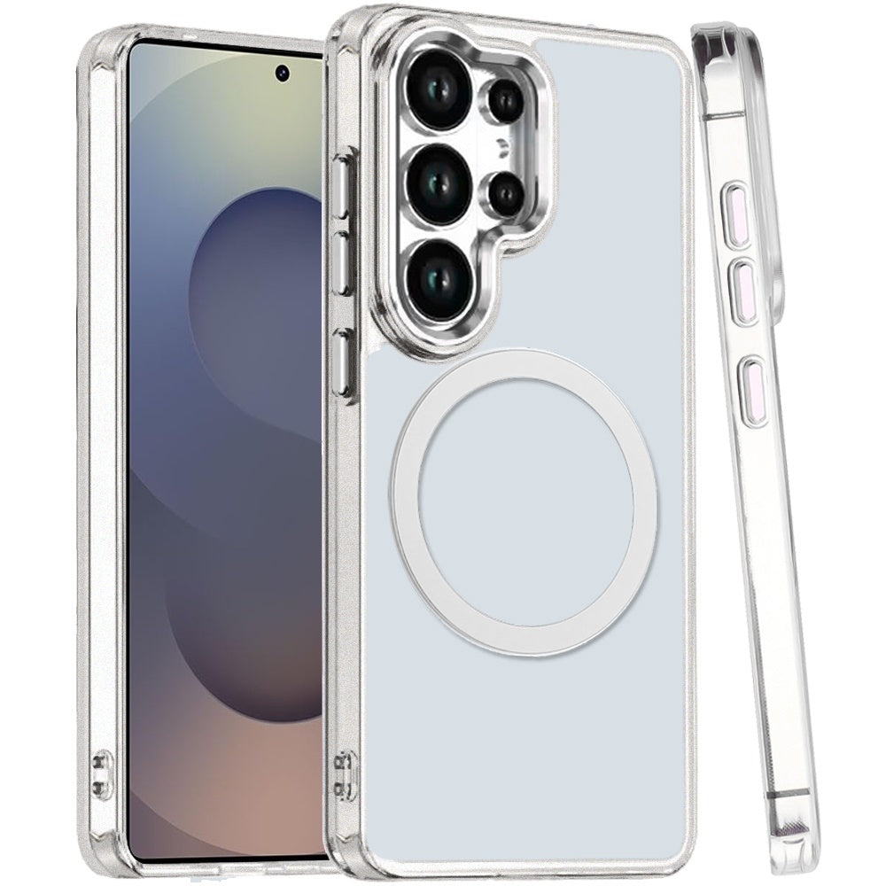 For Samsung Galaxy S25 Ultra Transparent Back Hybrid Case - Magnetic Circle, Color Frame, Metal Buttons, MagSafe Compatible Case Cover