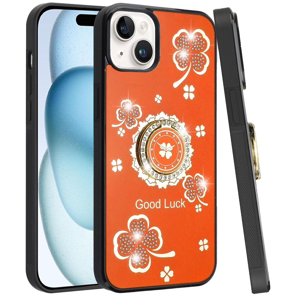 For Apple iPhone 15 Diamonds 3D Butterfly Bling Sparkly Glitter Ornaments Engraving Hybrid Metal Fashion Case Cover Good Luck Floral Cosmic Orange