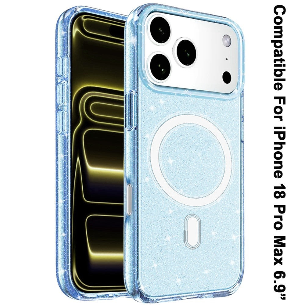 Phone Case for Apple iPhone 18 Pro Max/ 17 Pro Max Glitter Magnetic Transparent Shockproof Hybrid TPU Thick 3mm Grip Durable Camera Protection Anti-Slip Cover Blue
