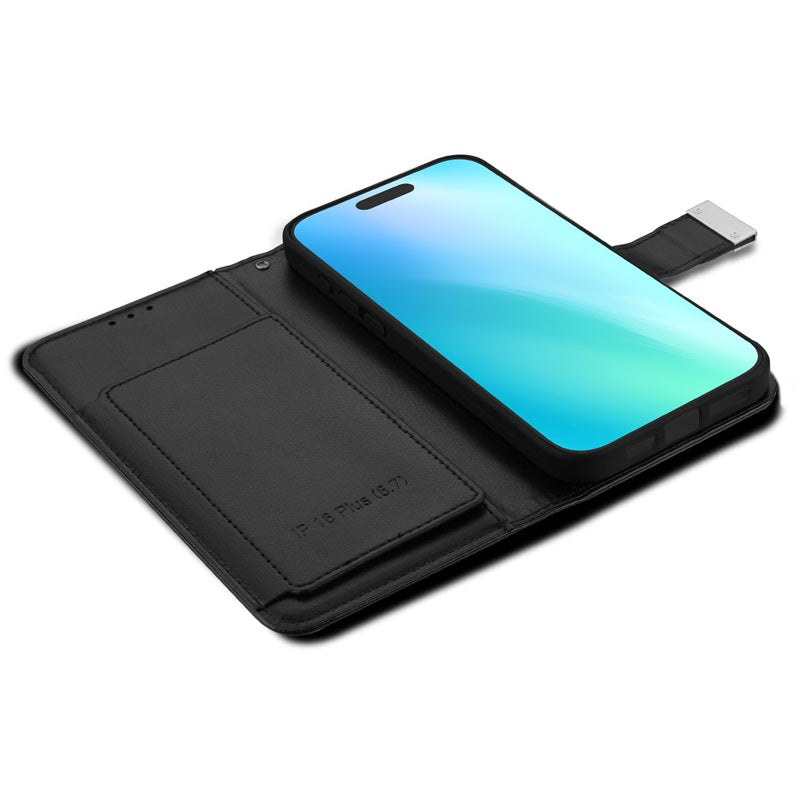 For Leather Wallet Folio Case with Credit Card Slots Pouch Cover for Apple iPhone 16 - Black Case Cover Black