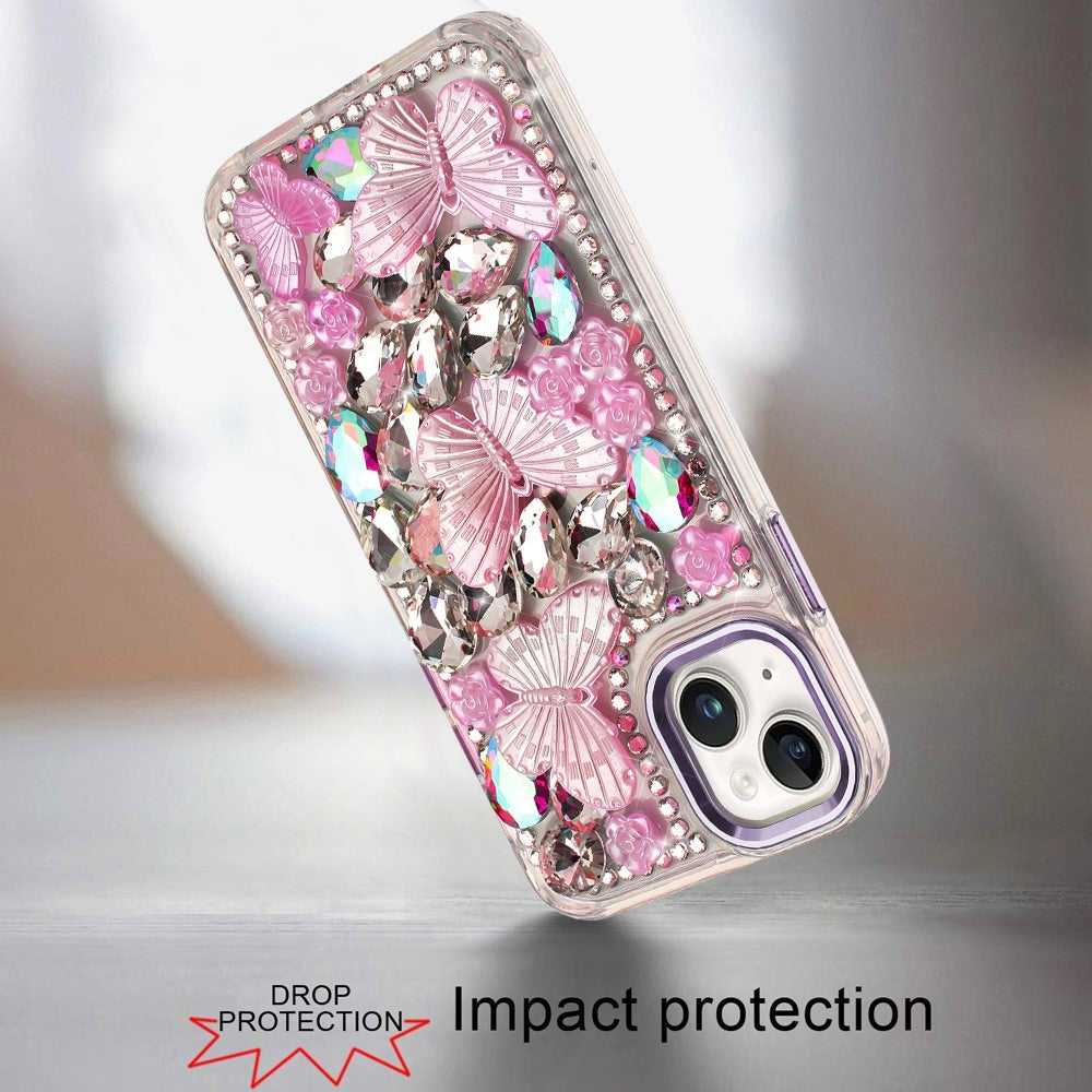 For Apple iPhone 13 Pro Max 3D Diamond Floral Butterfly Bling Stone Hybrid, Sparkly Rhinestone Gemstone Back Shockproof Case Cover