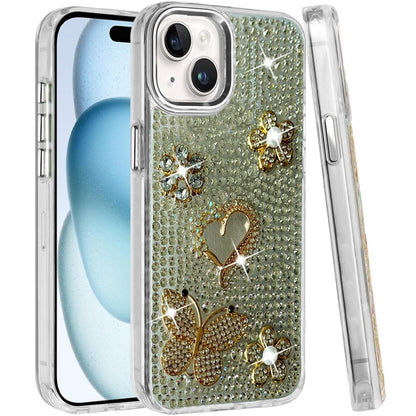Phone Case for Apple iPhone 15 Luxury Crystal Butterfly Floral Jeweled Heart Full Diamond Design, Sparkling Decorative Details, Elegant Style Cover Silver