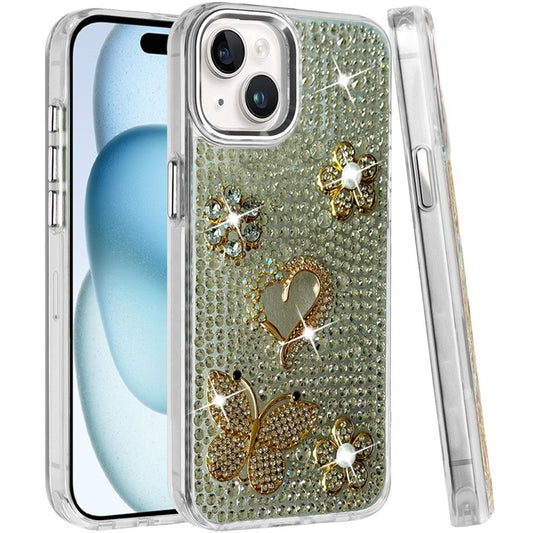 Phone Case for Apple iPhone 15 Luxury Crystal Butterfly Floral Jeweled Heart Full Diamond Design, Sparkling Decorative Details, Elegant Style Cover Silver
