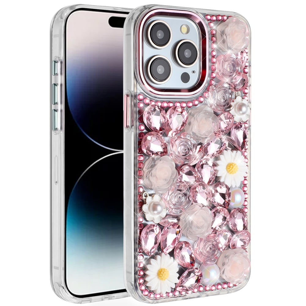 Phone Case for Apple iPhone 14 Pro Max Full Bling Rhinestone Glitter Floral Luxury Hybrid Shockproof Stylish Sparkling Protective Designer Ornament Cover Pink