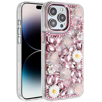 Phone Case for Apple iPhone 14 Pro Max Full Bling Rhinestone Glitter Floral Luxury Hybrid Shockproof Stylish Sparkling Protective Designer Ornament Cover Pink