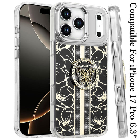 For Apple iPhone 17 Pro (6.3") Diamonds 3D Butterfly Floral Design Bling Sparkly Glitter Hybrid Metal Fashion with Ring Stand Case Cover