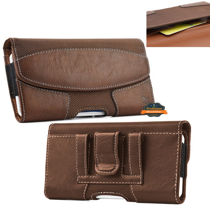 For Apple iPhone 16 (6.1") Horizontal Universal Pouch Case PU Leather Cell Phone Holster with Belt Clip and Card Slot Pocket Cover [Brown]