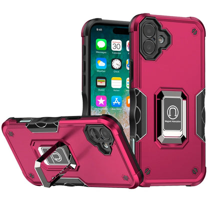 Phone Case for Apple iPhone 16 Plus Shockproof Magnetic Ring Stand Hybrid Kickstand Armor 360 Rotation Anti-Slip Grip Military Grade Drop Resist Cover Pink