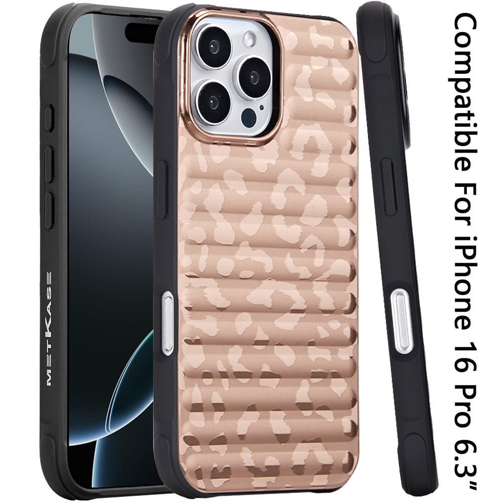 For Apple iPhone 16 Pro Chrome Leopard Magnetic Hybrid Shockproof Protection Design Secure Grip Stylish Durable Finish Case Cover Rose Gold Leopard