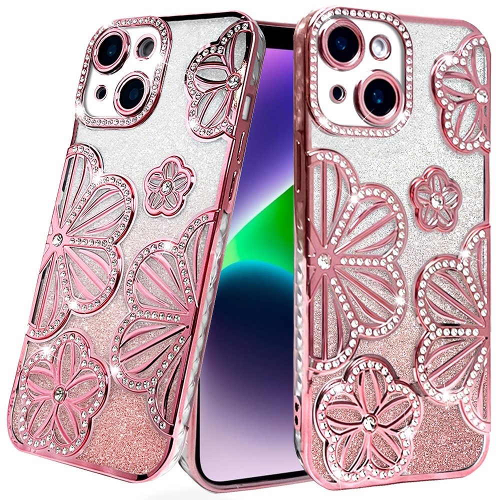 Phone Case for Apple iPhone 14/13 Shimmer Glitter Floral Thick TPU Shockproof Durable Grip Camera Protection Anti-Scratch Stylish Design Cover Rose Gold