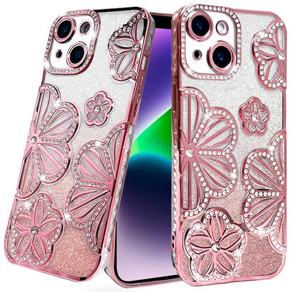 Phone Case for Apple iPhone 14/13 Shimmer Glitter Floral Thick TPU Shockproof Durable Grip Camera Protection Anti-Scratch Stylish Design Cover Rose Gold