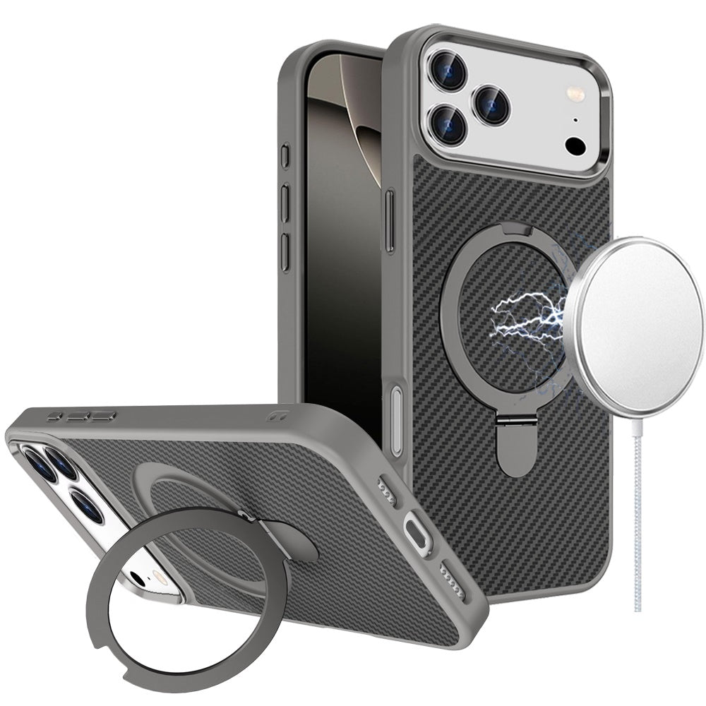 Phone Case for Apple iPhone 17 Pro Max Carbon Fiber Magnetic Ring Stand Hybrid Shockproof AntiSlip Grip Kickstand Military Drop Protection Matte Finish Cover Gray