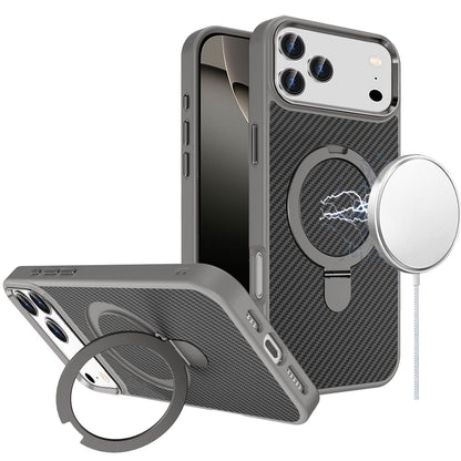 Phone Case for Apple iPhone 17 Pro Max Carbon Fiber Magnetic Ring Stand Hybrid Shockproof AntiSlip Grip Kickstand Military Drop Protection Matte Finish Cover Gray