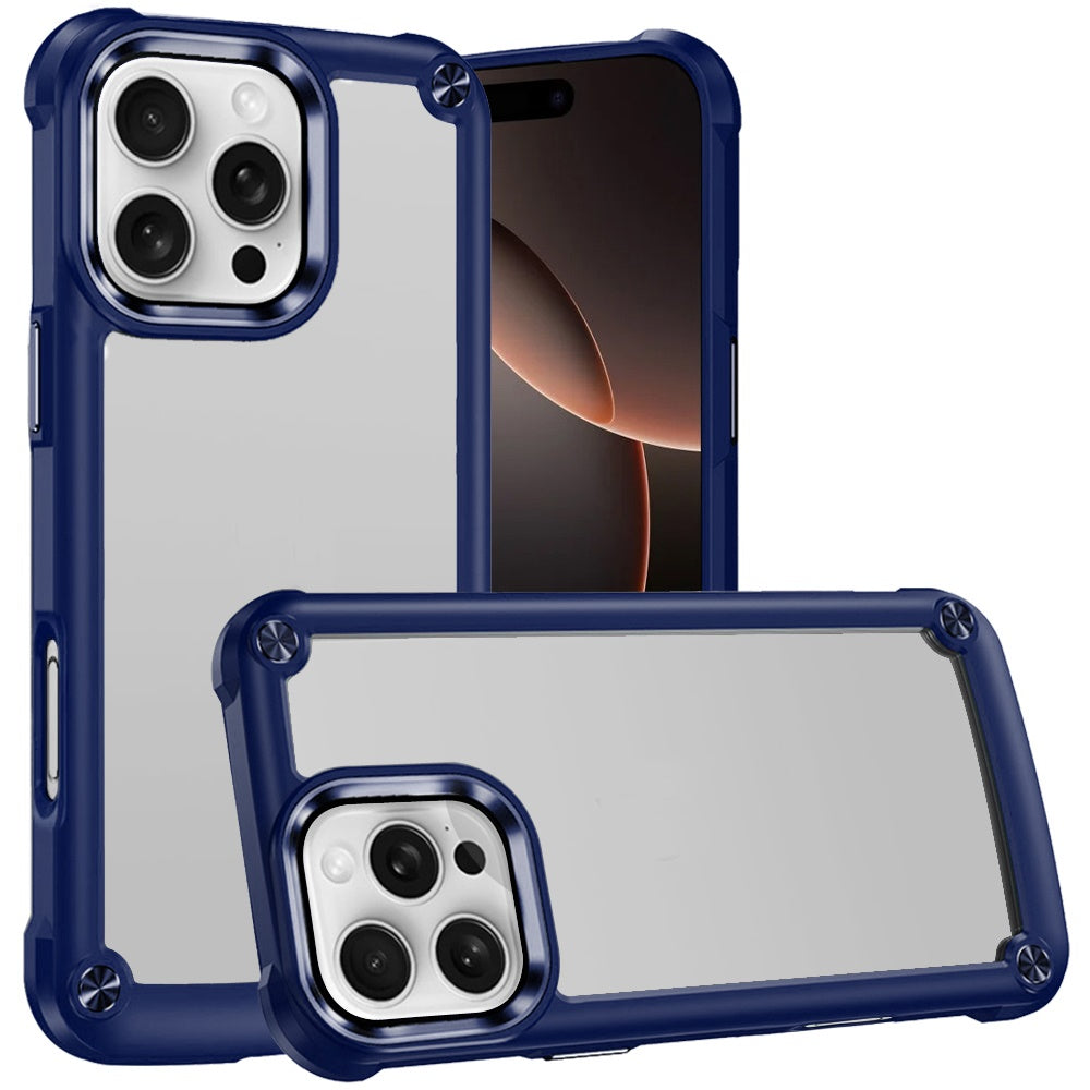 Phone Case for iPhone 16 Pro Max Ultimate Hybrid Transparent Rubber with Metal Buttons & Camera Edges, Hard TPU Frame Corner Bumper Cover Blue