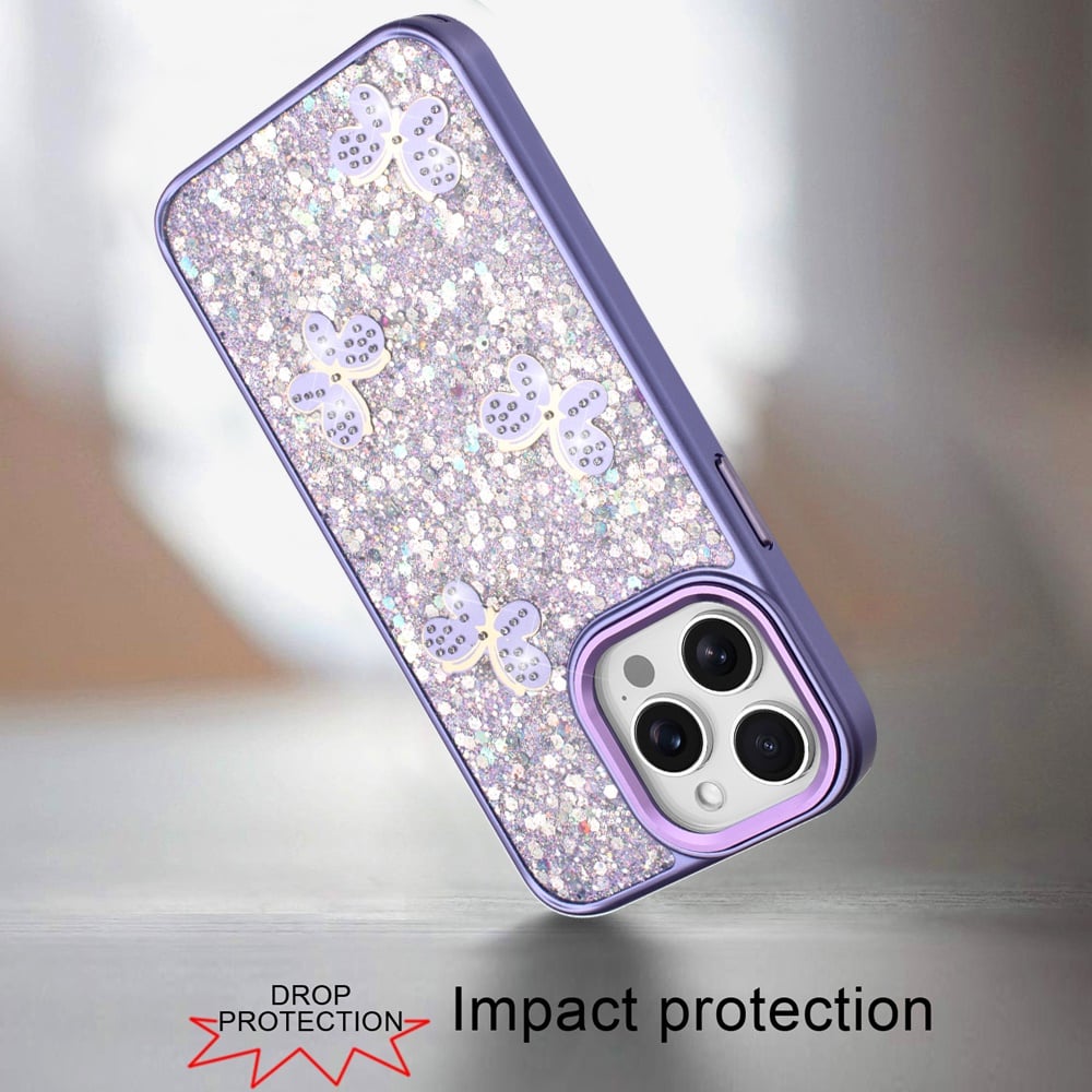 For Apple iPhone 13 Pro Max Cute Butterfly Crystal Diamond Glitter Case Sparkle Bling Frame Metallic Edges, Shimmer TPU Hybrid Case Cover Teal