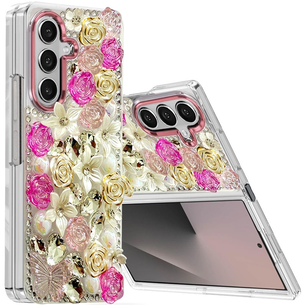 For Samsung Galaxy Z Fold 7 3D Diamond Floral Roses Flower Bling Stone Hybrid, Sparkly Rhinestone Gemstone Back Shockproof Case Cover