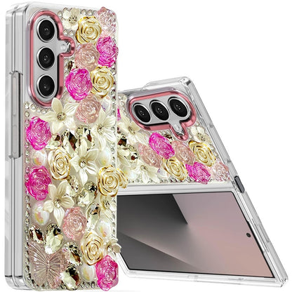 For Samsung Galaxy Z Fold 7 3D Diamond Floral Roses Flower Bling Stone Hybrid, Sparkly Rhinestone Gemstone Back Shockproof Case Cover