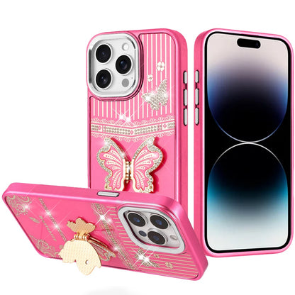 Phone Case for iPhone 14 Pro Max Glitter Bling Butterfly Stand Metallic Edge Hybrid Shockproof Grip Durable Camera Protection Stylish Design Cover