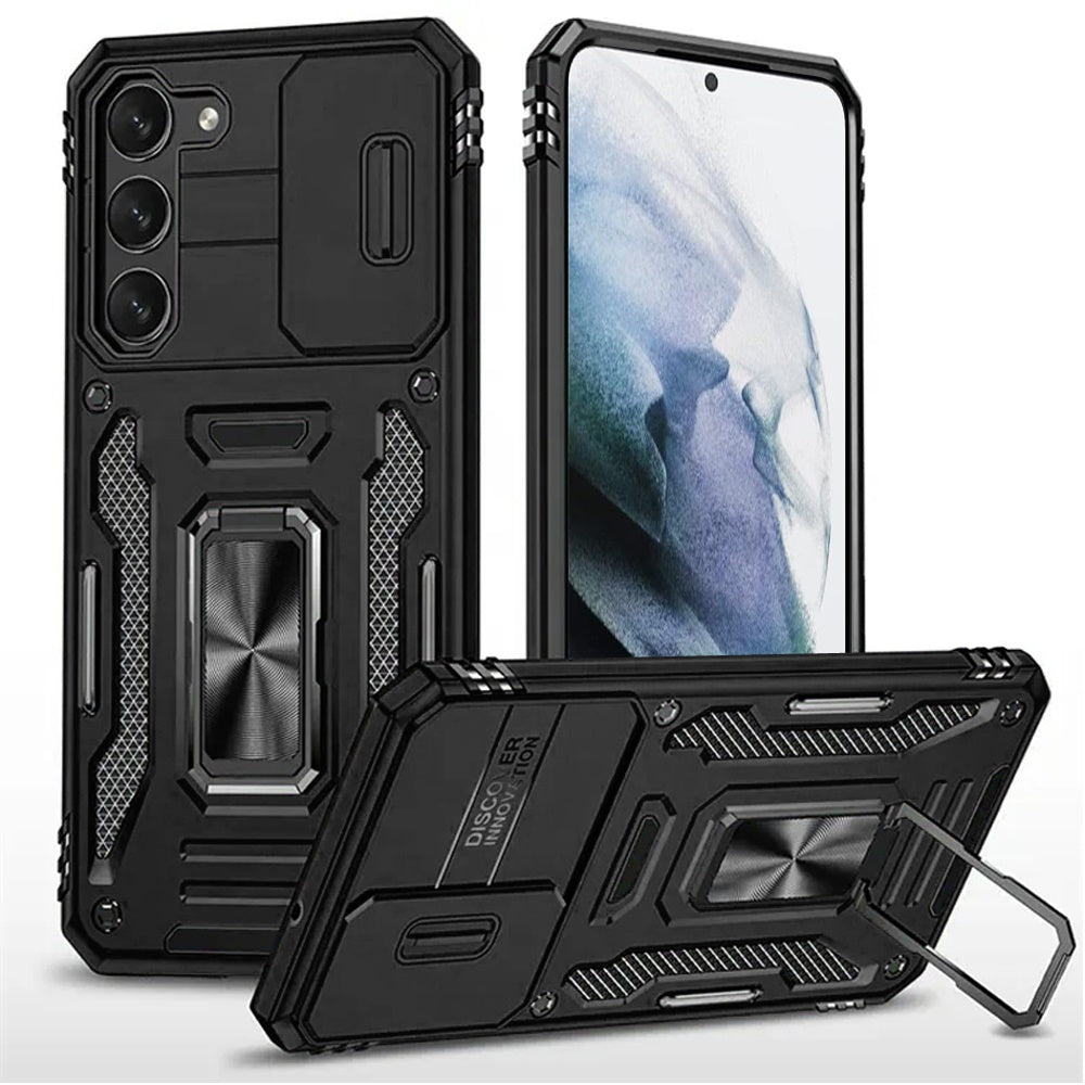 Phone Case for Samsung Galaxy S21 Plus/ S21+ Tough Metal Ring Shockproof Sliding Camera Window Hybrid Armor Rugged Anti Slip Heavy Duty Grip Cover Black