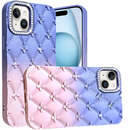 For Apple iPhone 16 Plus (6.7") Fashion Flower Design Sparkle Glitter Shimmer Rhinestone Bling Leather Feel Thick TPU Rubber Hard PC Case Cover