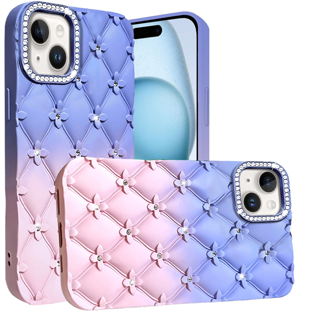 For Apple iPhone 15 /6.1" Fashion Flower Design Sparkle Glitter Shimmer Rhinestone Bling Leather Feel Thick TPU Rubber Hard PC Case Cover