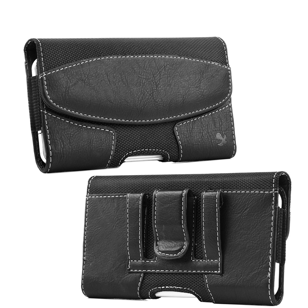 For Apple iPhone 16 Pro (6.3") Horizontal Universal Pouch Case PU Leather Cell Phone Holster with Belt Clip and Card Slot Pocket Cover (Size 6.3") [Black]
