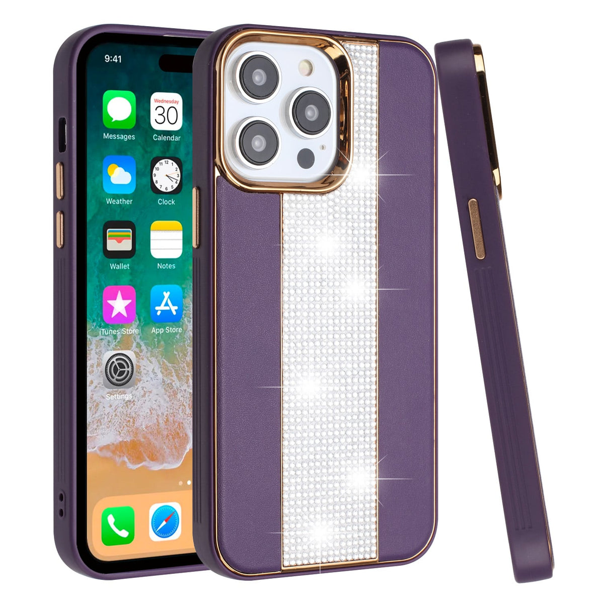 For iPhone 15 Pro (6.1") Flashy Diamond Leather Hybrid Shockproof Protection Chrome Camera Edge Grip Slim Durable Case Cover Dark Purple
