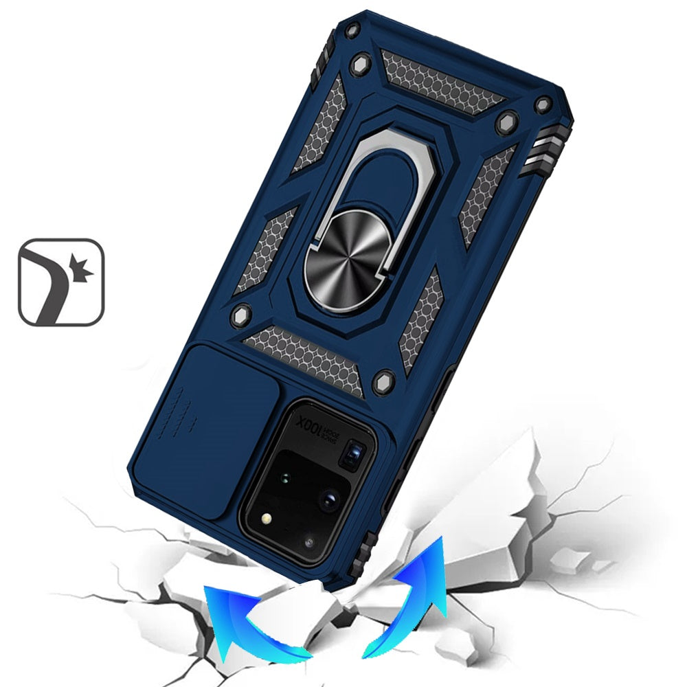 For Samsung Galaxy S20 Ultra Hybrid Ring Shockproof with 360° Rotate Ring Kickstand, Camera Lens Protection, Soft Edge Bumper Case Cover Blue