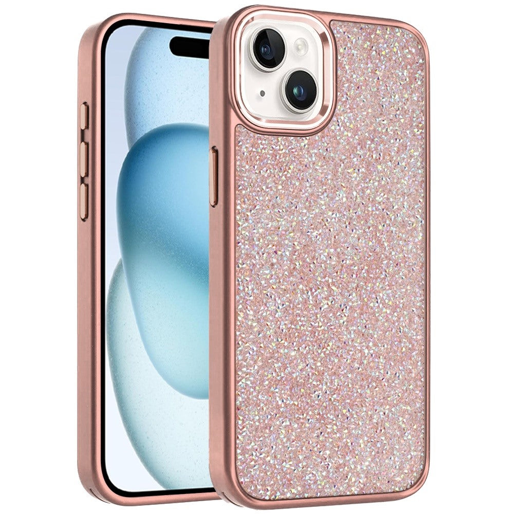 For iPhone 15 (6.1") Crystal Sparkle Diamond Glass Full Mini Glitter Bling Frame TPU Hybrid Protective Case Cover