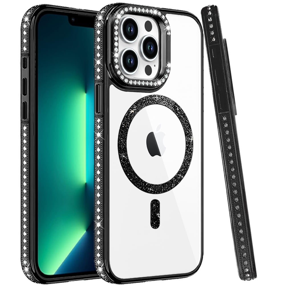 Phone Case for Apple iPhone 13 Pro Max Luxury Diamond Bling Edged Magnetic Glitter Shockproof Hybrid with Camera Kickstand Durable Grip Cover