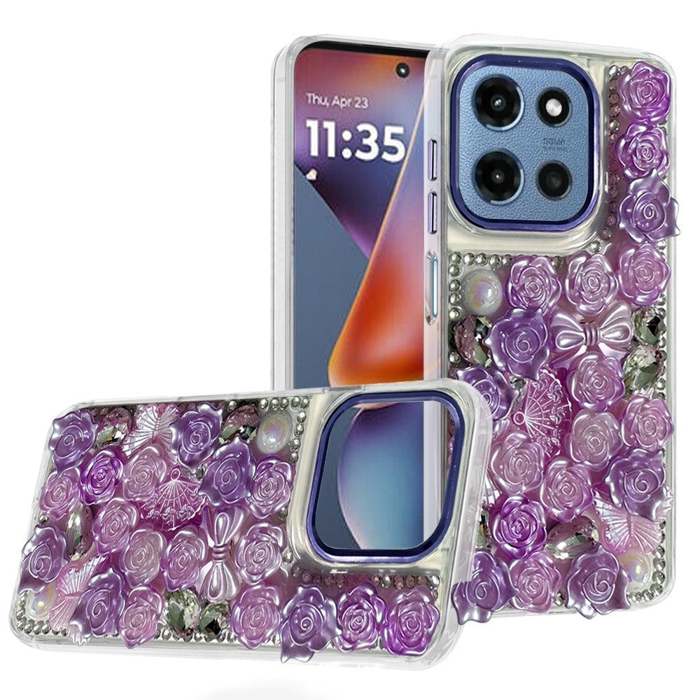 For Motorola Moto G Play 5G 2026 3D Diamond Floral Roses Flower Bling Stone Hybrid, Sparkly Rhinestone Gemstone Back Shockproof Case Cover