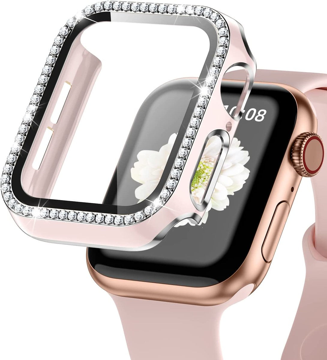 For Apple Watch Size 42mm Luxury Bling Cover Diamond Electroplate Rhinestone Bumper Protective Frame with Tempered Glass Screen Protector Case Cover