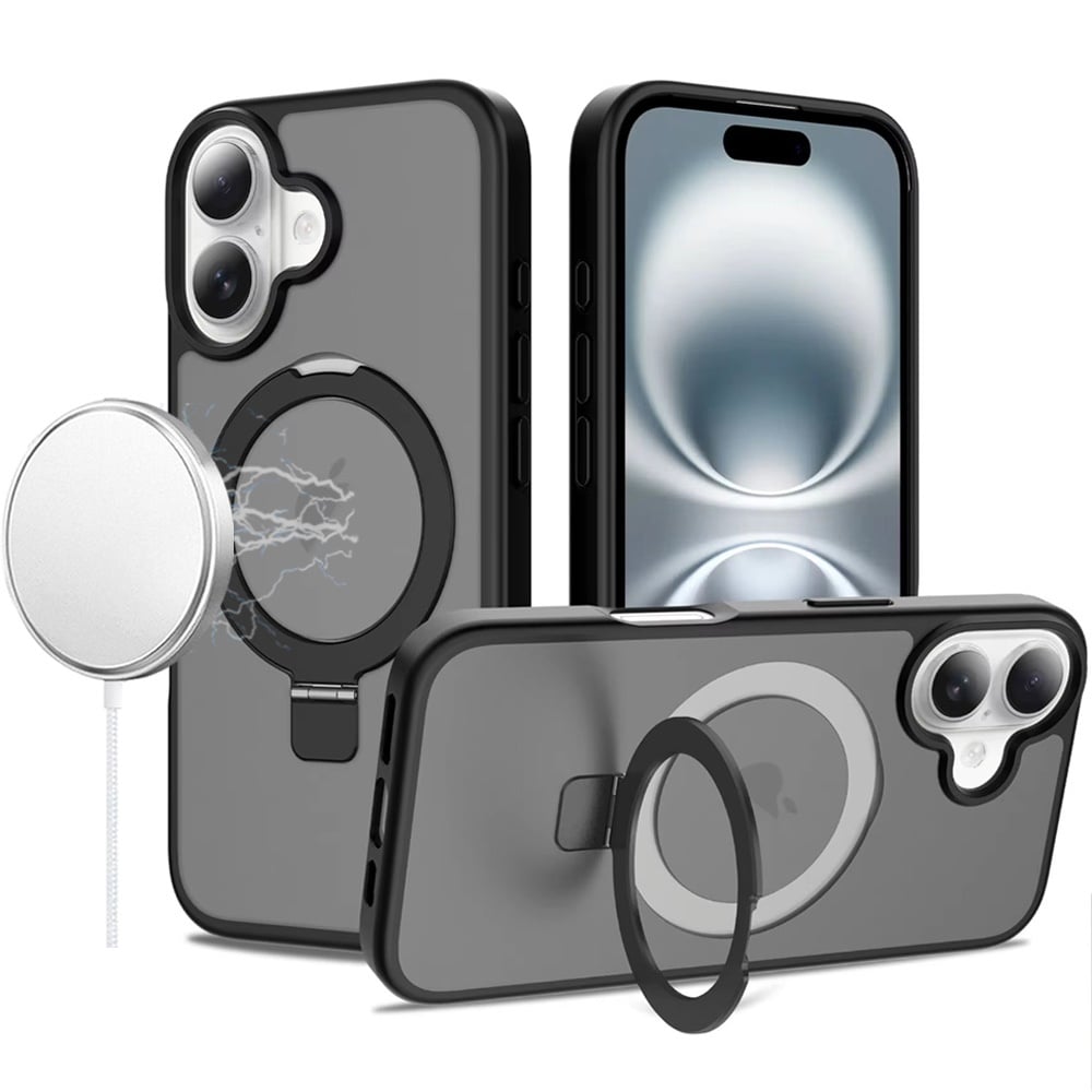 Phone Case for Apple iPhone 16 Magnetic Ring Stand Full Rotation Matte Shockproof Grip Anti Slip Durable Camera Protection Hybrid Cover Black