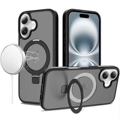 Phone Case for Apple iPhone 16 Magnetic Ring Stand Full Rotation Matte Shockproof Grip Anti Slip Durable Camera Protection Hybrid Cover Black