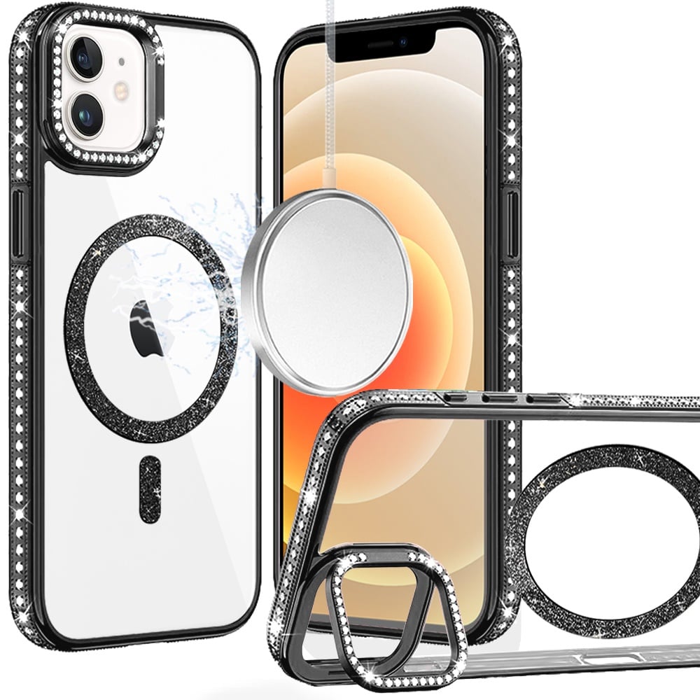 Phone Case for Apple iPhone 12 /12 Pro Luxury Diamond Bling Edged Magnetic Glitter Shockproof Hybrid with Camera Kickstand Durable Grip Cover