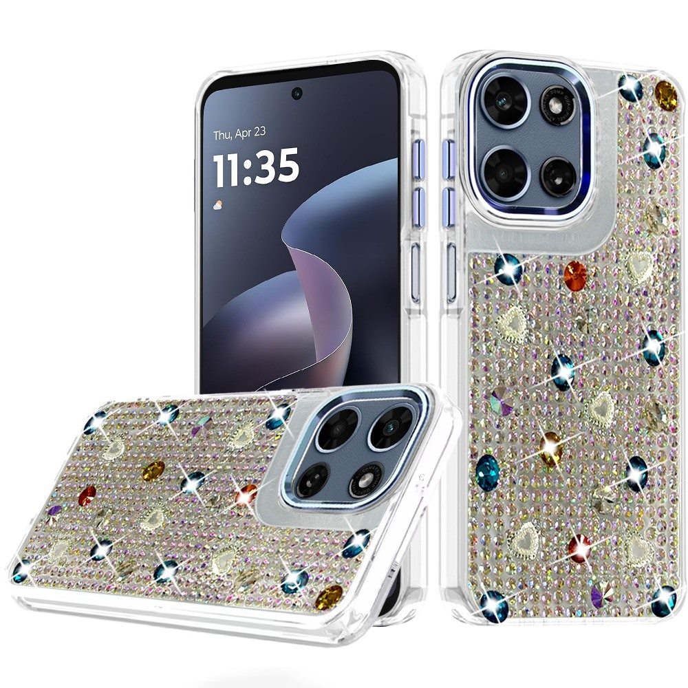 Phone Case for Motorola Moto G Play 5G 2026 Chrome Fashion Hybrid Bling Diamond Heart Rhinestone Decorative Stones Sparkling Embellished Design Cover
