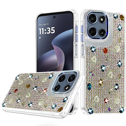 Phone Case for Motorola Moto G Play 5G 2026 Chrome Fashion Hybrid Bling Diamond Heart Rhinestone Decorative Stones Sparkling Embellished Design Cover
