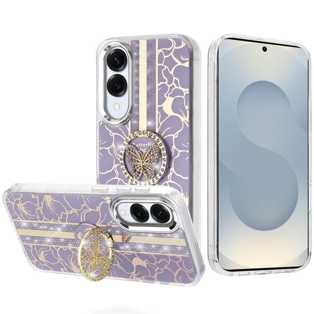 For Samsung Galaxy S25 Edge Diamonds 3D Fashion Bling Sparkly Glitter Ornaments Engraving Hybrid with Ring Stand Case Cover