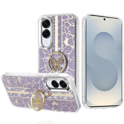 For Samsung Galaxy S25 Edge Diamonds 3D Fashion Bling Sparkly Glitter Ornaments Engraving Hybrid with Ring Stand Case Cover