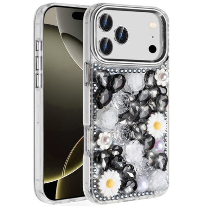 For Apple iPhone 17 Pro (6.3") Fashion Daisy Floral Series, Full 3D Bling Crystal Diamonds Sparkling Rhinestone Glitter Hybrid Design Case Cover