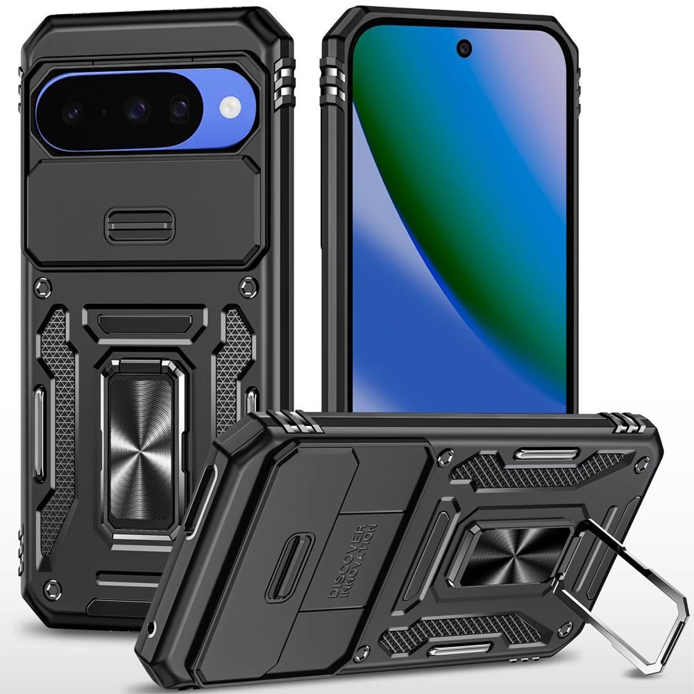Phone Case for Google Pixel 11 / 11 Pro Tough Metal Ring Shockproof Sliding Camera Window Hybrid Armor Rugged Anti Slip Heavy Duty Grip Cover