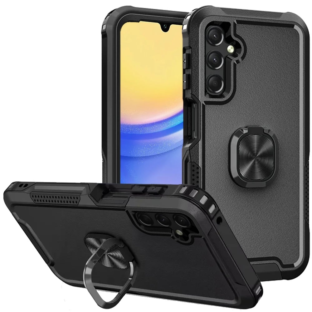 For Samsung Galaxy A15 5G Magnetic Ring Stand 3in1 Shock Protection Durable Grip Kickstand Function Secure Hold Case Cover Black