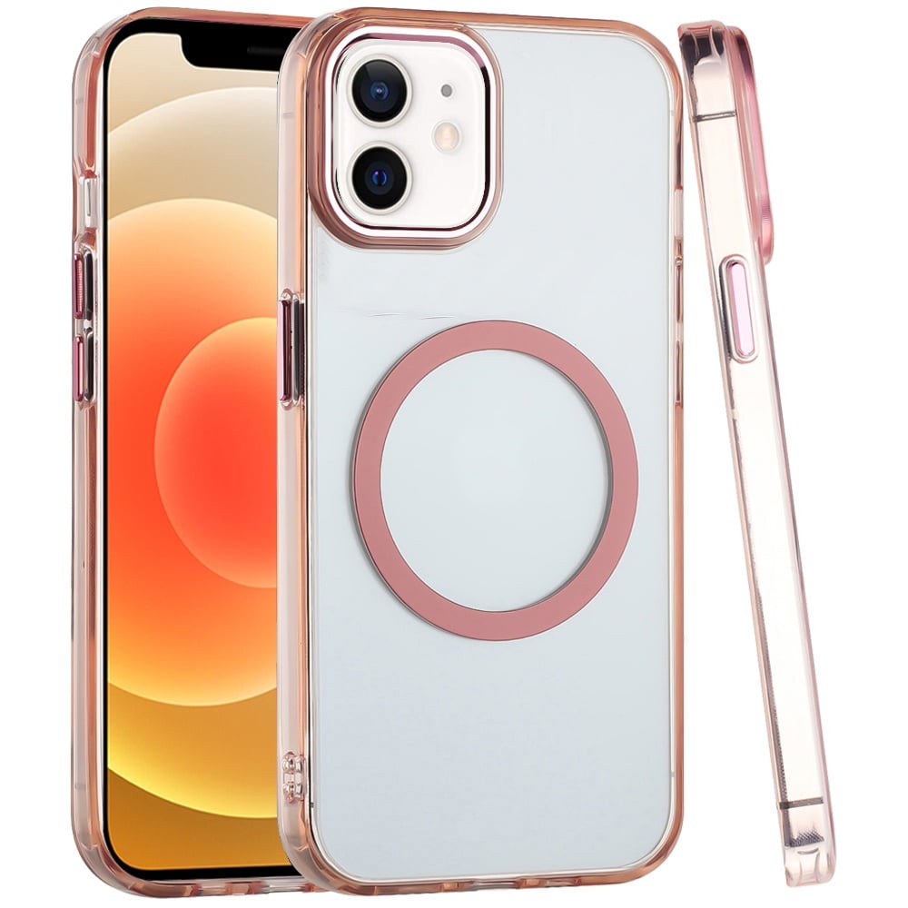 For iPhone 12 / iPhone 12 Pro (6.1") Transparent Back Hybrid Case - Magnetic Circle, Color Frame, Metal Buttons, MagSafe Compatible Case Cover