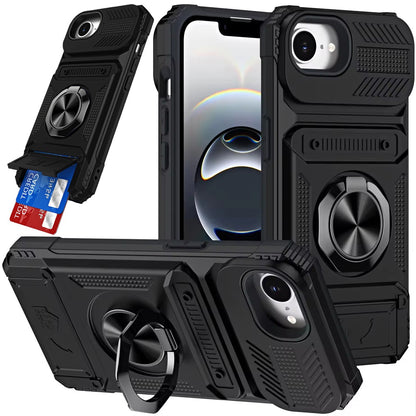 For Apple iPhone 17E /16E 2X Card Slot Metal Ring Stand Hybrid Shockproof Heavy Duty Drop Protection Multi Functional Design Case Cover