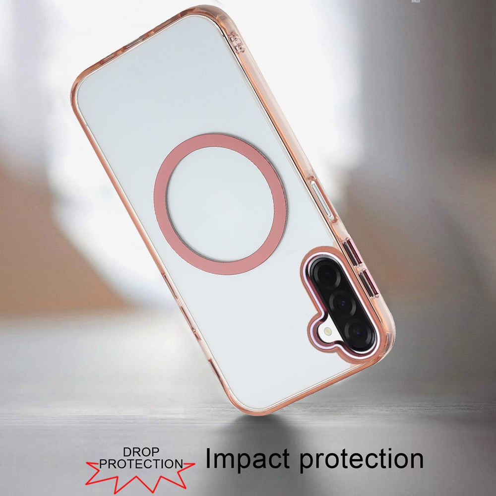 For Samsung Galaxy A17 5G Transparent Back Hybrid Case - Magnetic Circle, Color Frame, Metal Buttons, MagSafe Compatible Case Cover Cosmic Orange