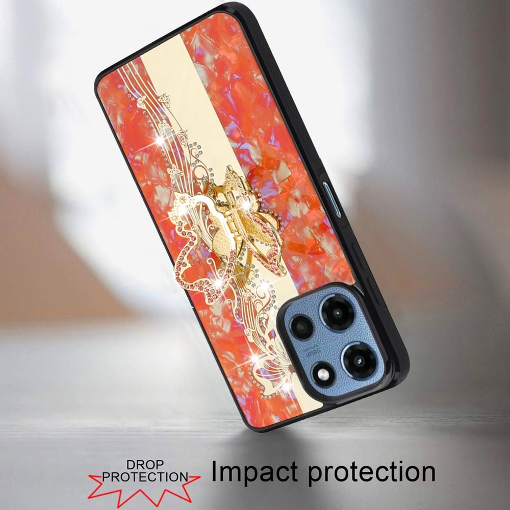 Phone Case for Motorola Moto G 5G 2026 / 2025 Diamond Glitter Butterfly Engraved Ring Stand Luxury Bling Hybrid Shockproof Chrome Edge Protective Durable Grip Cover Enchabted Butterfly Cosmic Orange