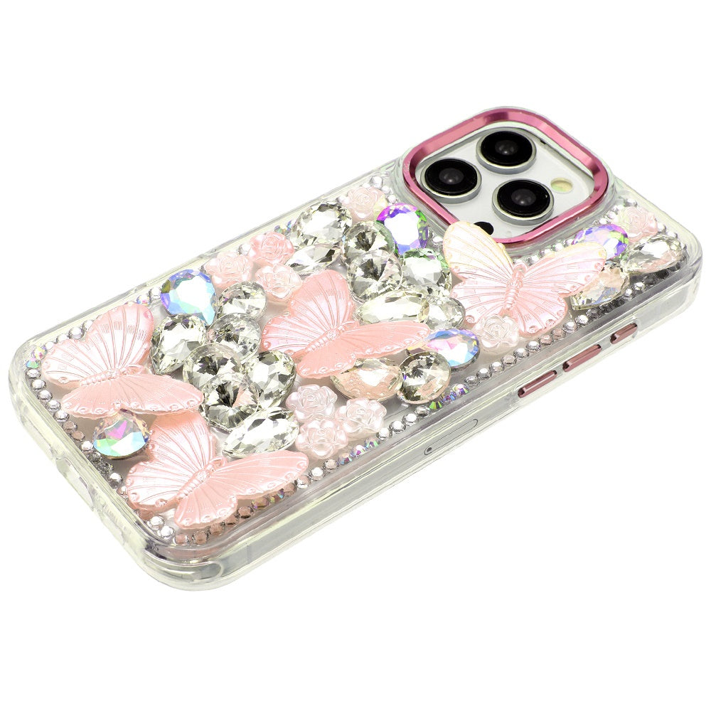 For Apple iPhone 12 Pro Max 3D Diamond Floral Butterfly Bling Stone Hybrid, Sparkly Rhinestone Gemstone Back Shockproof Case Cover