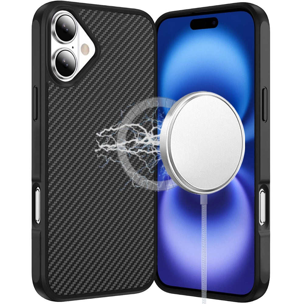 For Apple iPhone 17 (6.3") Carbon Fiber Design with Magnetic HQ 2.0mm Thick Hybrid Shockproof Rubber Hard PC Case Cover