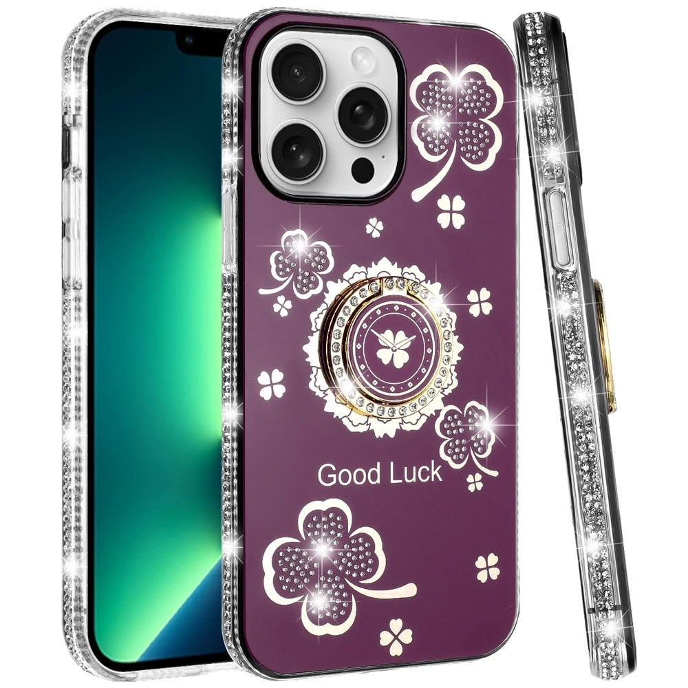 Phone Case for Apple iPhone 13 Pro Max Glitter Diamond Ring Stand Sparkle Rhinestone Edge AntiSlip Kickstand Luxury Fashion Bumper Shockproof Cover Red