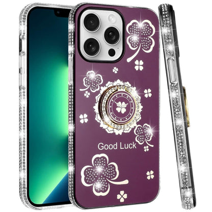 Phone Case for Apple iPhone 13 Pro Max Glitter Diamond Ring Stand Sparkle Rhinestone Edge AntiSlip Kickstand Luxury Fashion Bumper Shockproof Cover Red